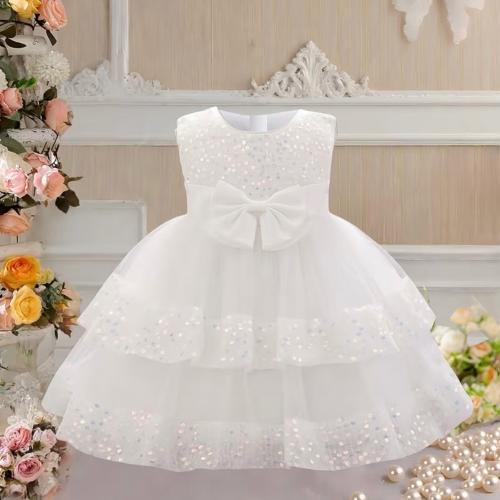 Sequin Bow Tiered Tulle Tutu Pageant Mini Bride Wedding Toddler Formal Dress